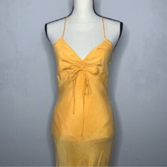 NWT Zara Tangerine Satin Effect Ruched Detail Slip Midi Dress - Picture 4 of 10